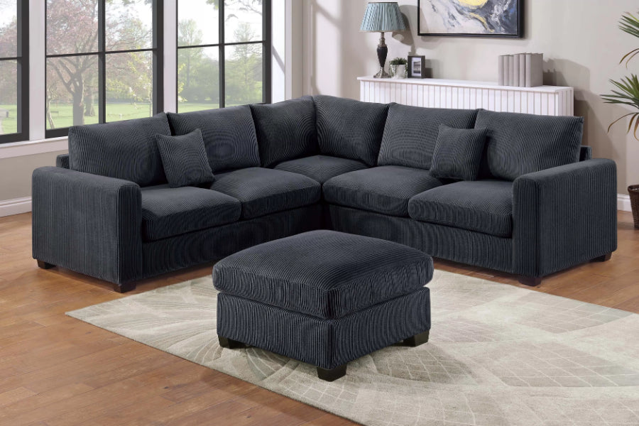 Poundex F8302 4 pc black corduroy fabric upholstered sectional sofa with ottoman