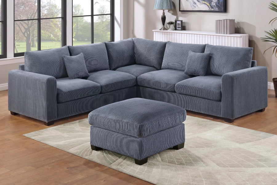 Poundex F8303 4 pc dark grey corduroy fabric upholstered sectional sofa with ottoman