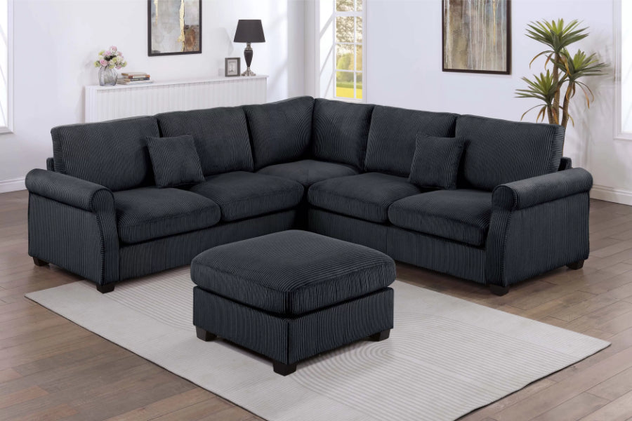 Poundex F8304 4 pc black corduroy fabric sectional sofa with rounded arms and ottoman