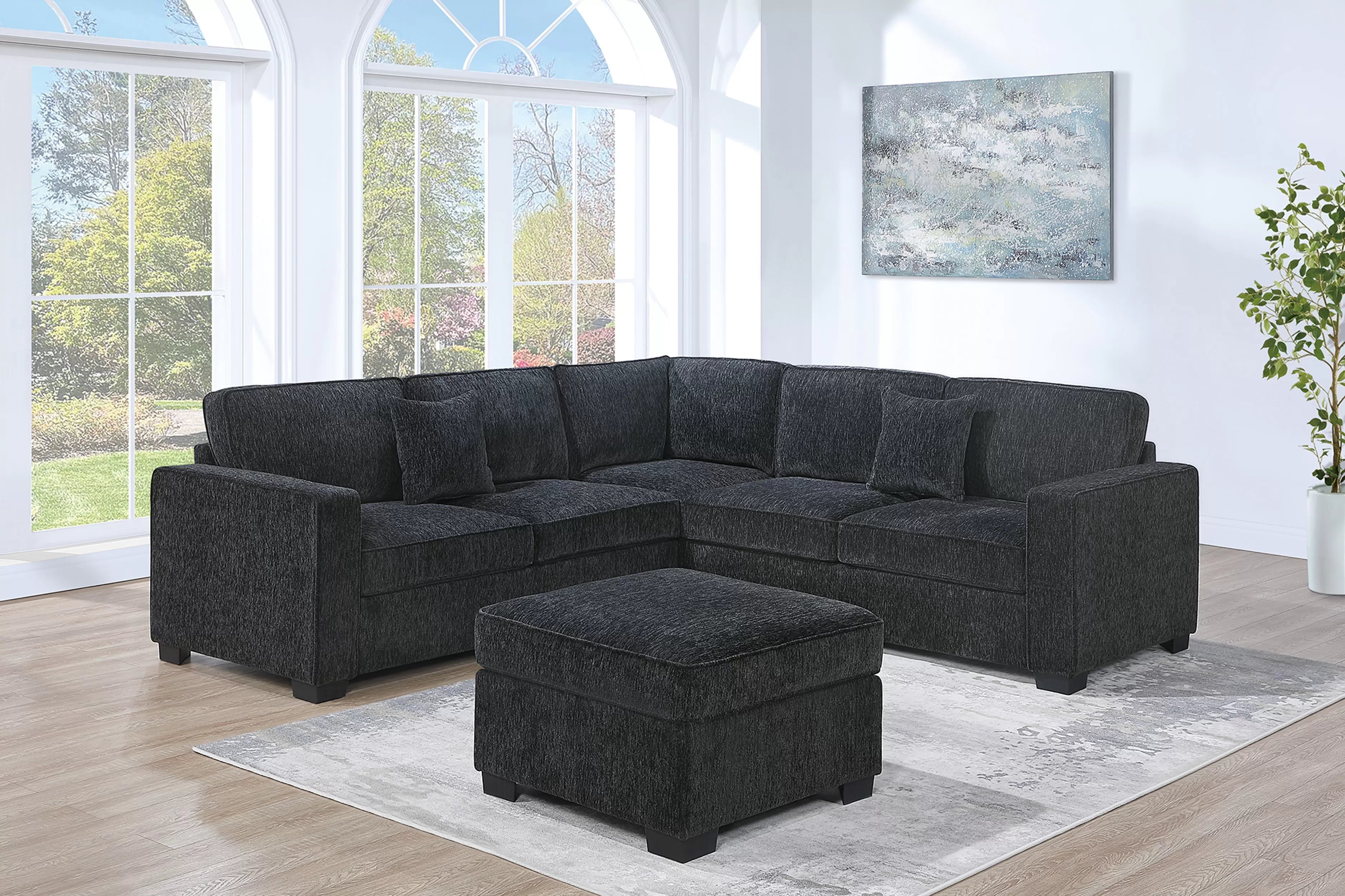 Poundex F8307 4 pc Black chenille fabric 99" sectional sofa with ottoman