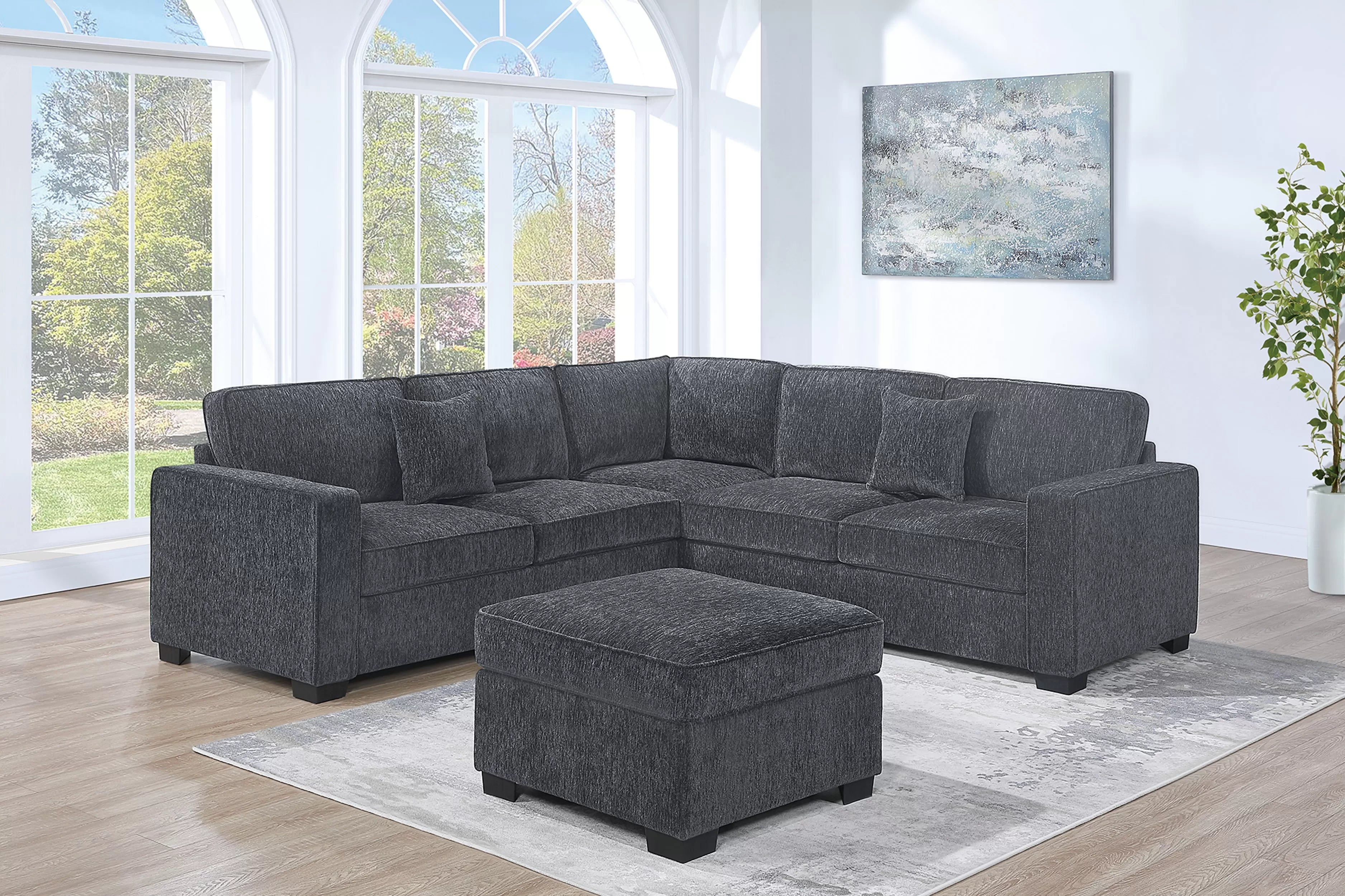 Poundex F8311 4 pc Gunmetal grey chenille fabric 99" sectional sofa with ottoman