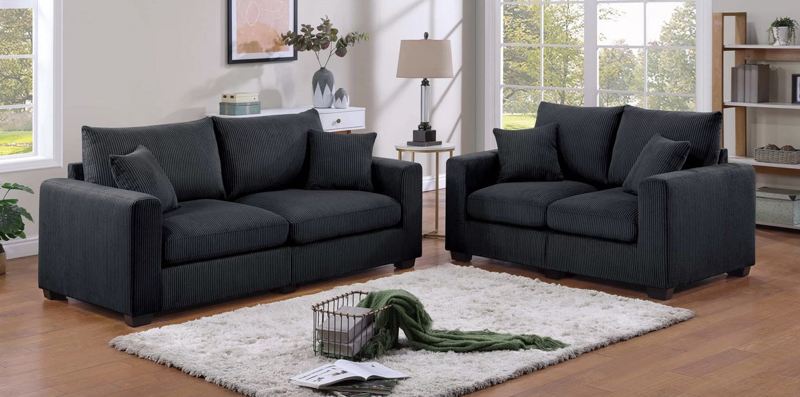 Poundex F8313 2 pc black corduroy fabric sofa and love seat set with rounded square arms