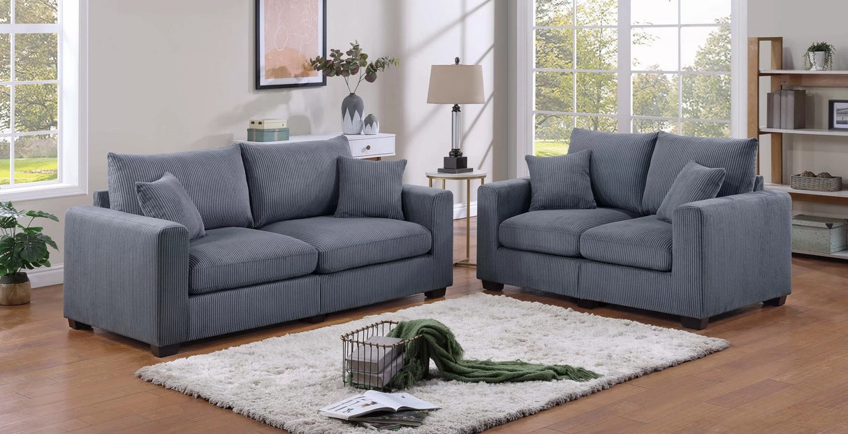 Poundex F8314 2 pc dark grey corduroy fabric sofa and love seat set with rounded square arms