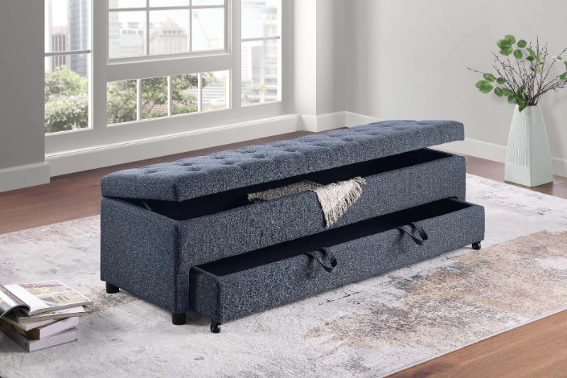 Poundex F8315 Blue grey boucle fabric storage and underseat storage bedroom entry bench
