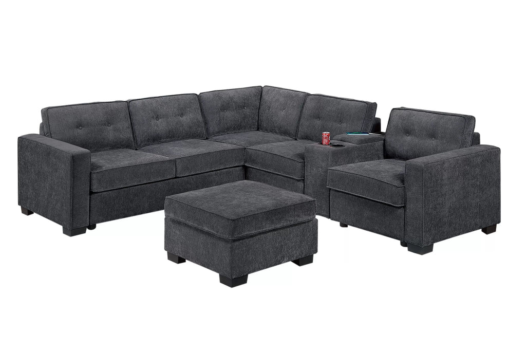Poundex F8319 4 pc black waffle suede fabric 104" reversible sectional sofa with USB cup console and ottoman