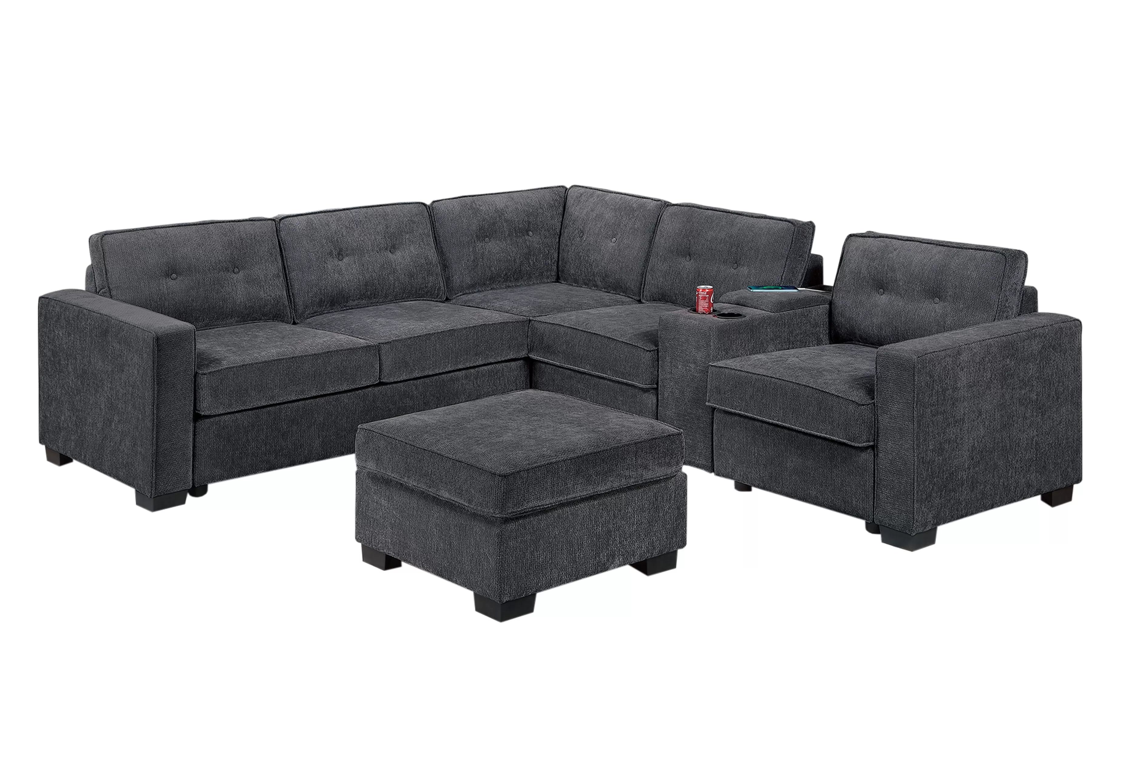 Poundex F8319 4 pc grey waffle suede fabric 104" sectional sofa with USB cup console and ottoman