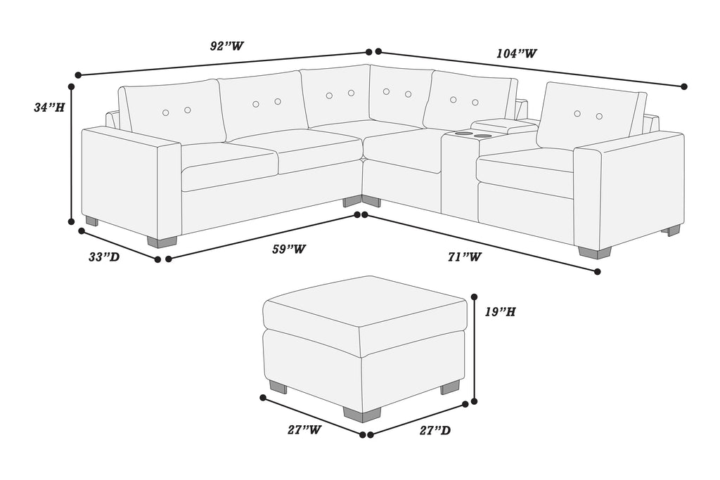 Poundex F8319 4 pc black waffle suede fabric 104" reversible sectional sofa with USB cup console and ottoman