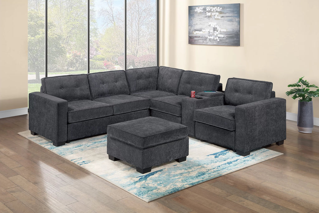 Poundex F8319 4 pc black waffle suede fabric 104" reversible sectional sofa with USB cup console and ottoman