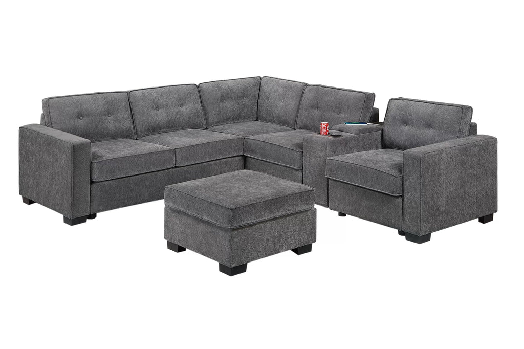 Poundex F8321 4 pc grey waffle suede fabric 104" reversible sectional sofa with USB cup console and ottoman