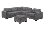 Poundex F8321 4 pc grey waffle suede fabric 104" reversible sectional sofa with USB cup console and ottoman
