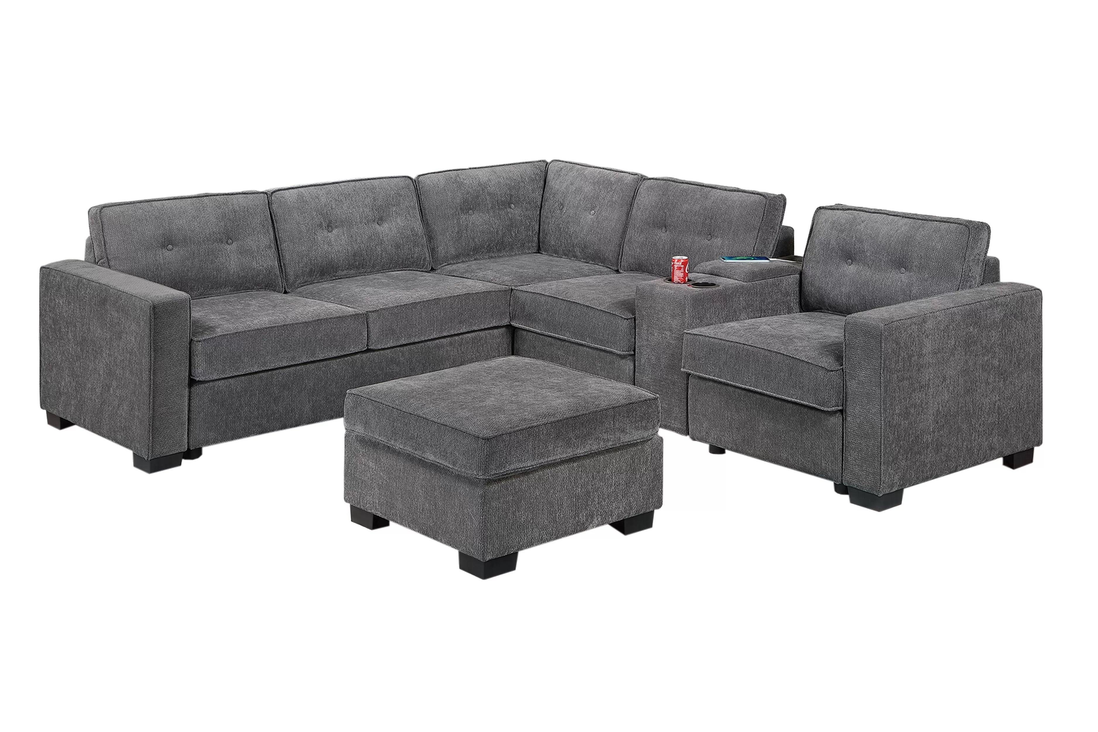 Poundex F8321 4 pc grey waffle suede fabric 104" reversible sectional sofa with USB cup console and ottoman