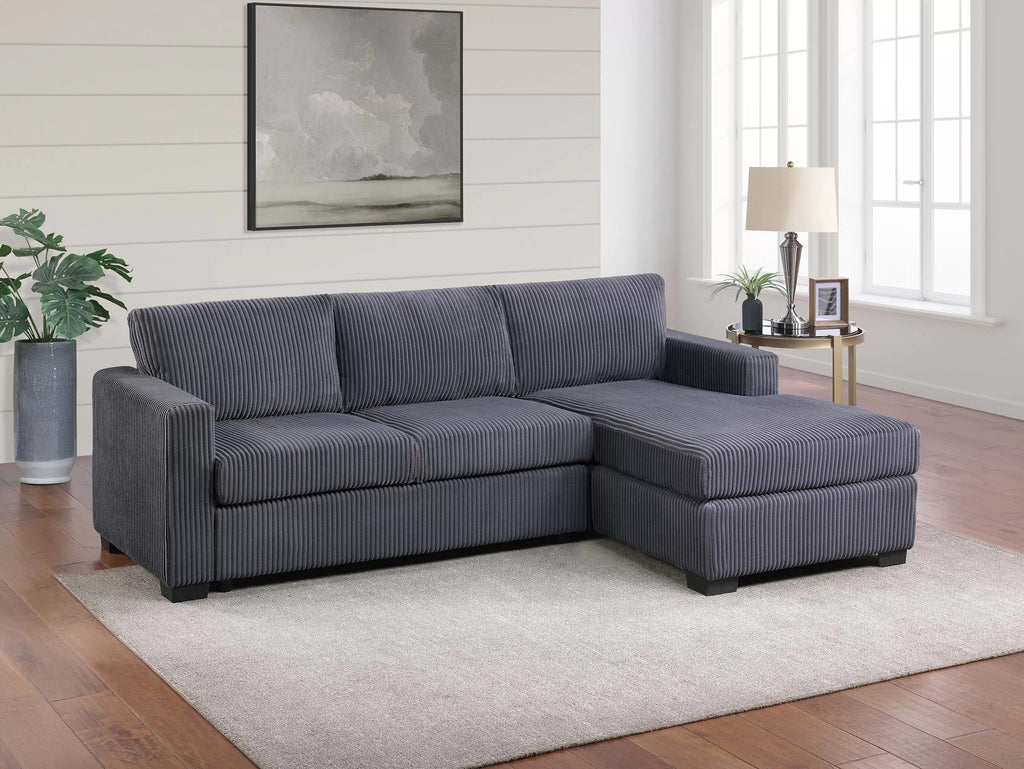 Poundex F8323 2 pc dark grey wide welt corduroy sectional sofa with chaise