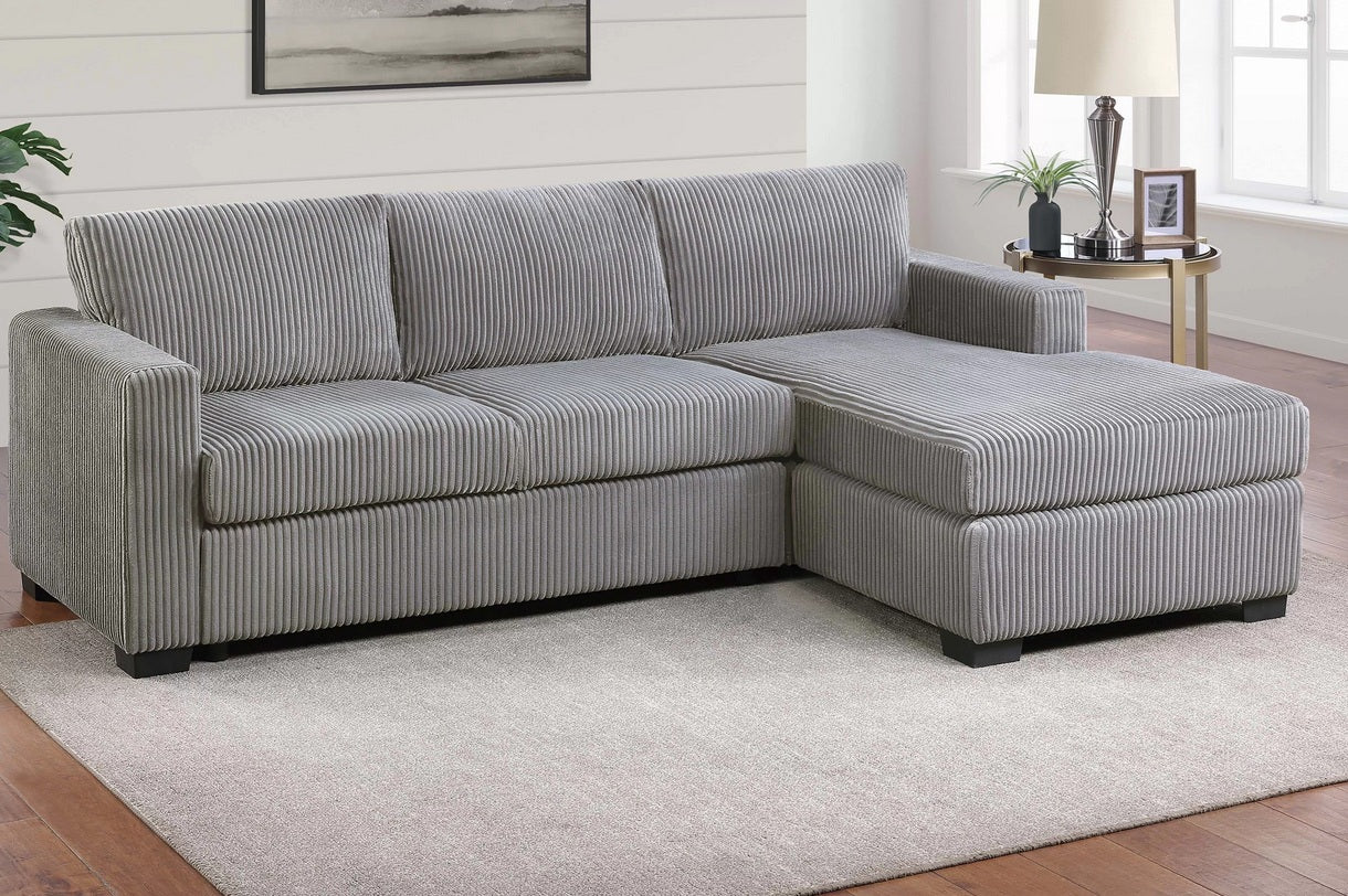Poundex F8324 2 pc light grey wide welt corduroy sectional sofa with chaise
