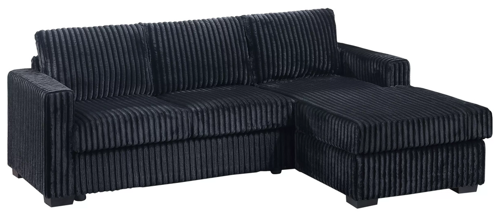 Poundex F8325 2 pc black fur like wide welt corduroy sectional sofa with chaise