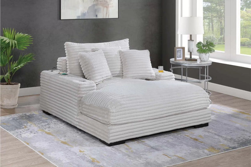 Poundex F8329  Taupe fur like jumbo corduroy fabric wide chaise lounger with cup holders and USB ports