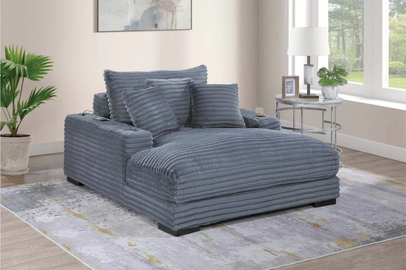 Poundex F8331  Grey fur like jumbo corduroy fabric wide chaise lounger with cup holders and USB ports