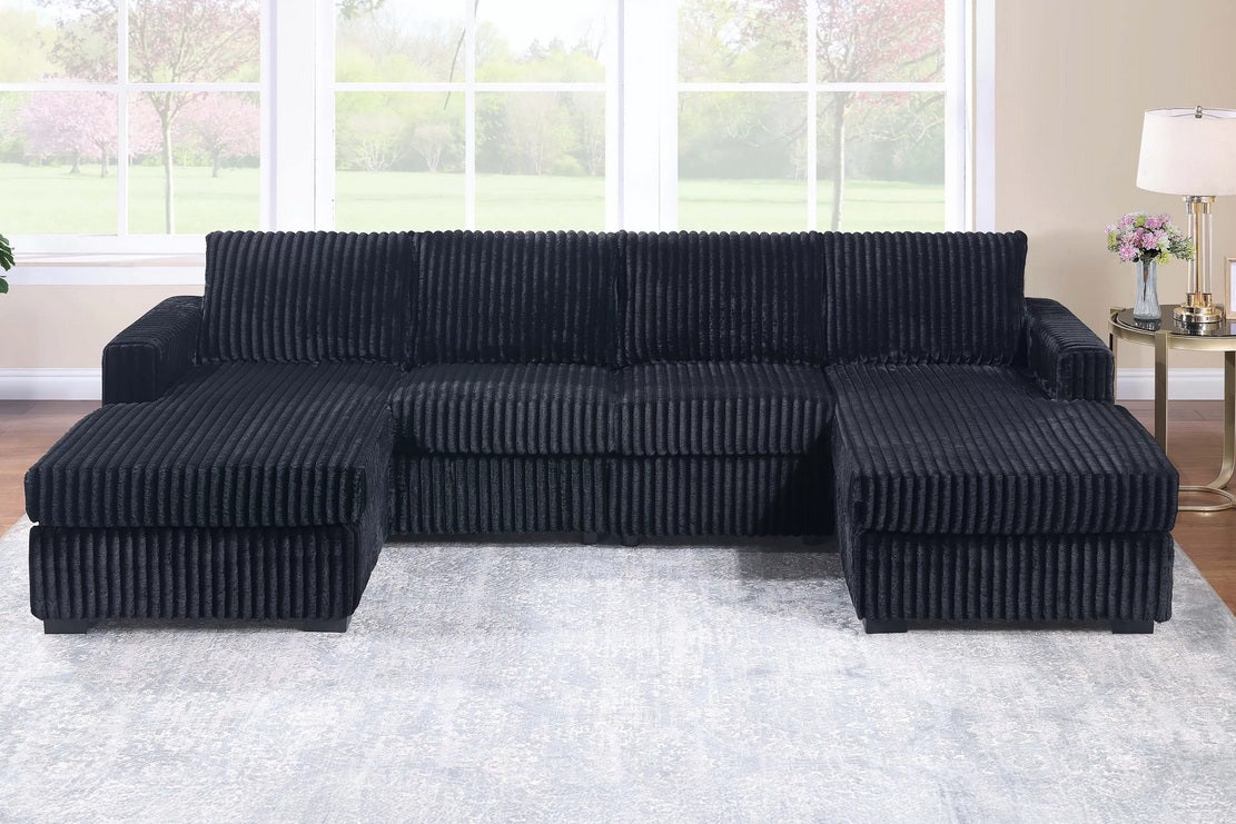 Poundex F8333 3 pc black fur like jumbo corduroy fabric sectional sofa with double chaise