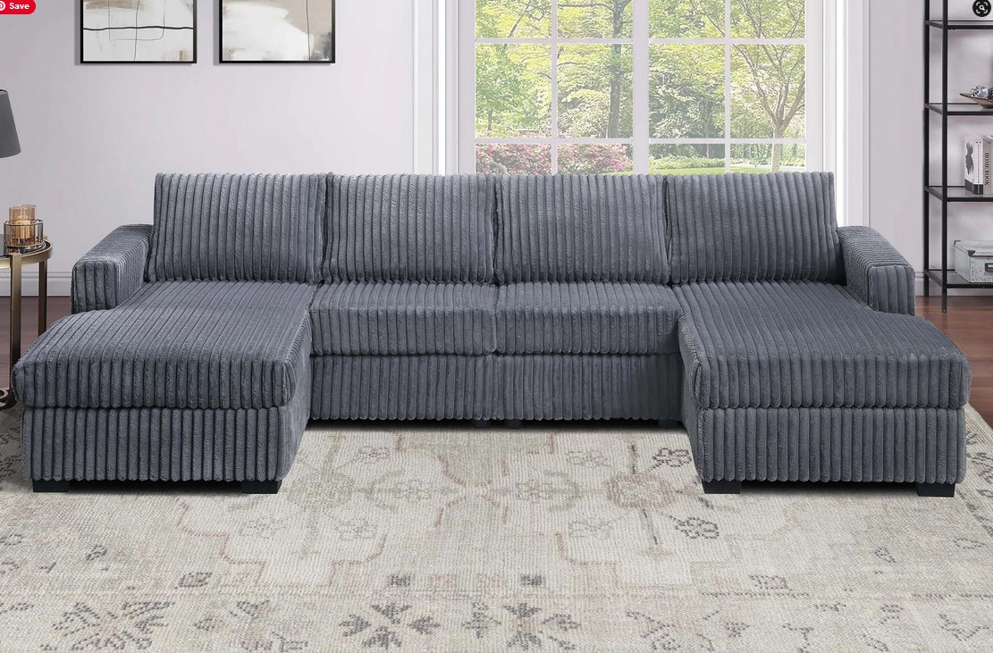 Poundex F8334 3 pc dark grey fur like jumbo corduroy fabric sectional sofa with double chaise