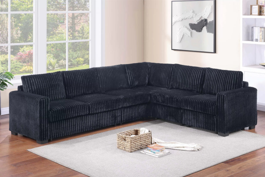 Poundex F8335 4 pc black corduroy fabric upholstered 119" sectional sofa