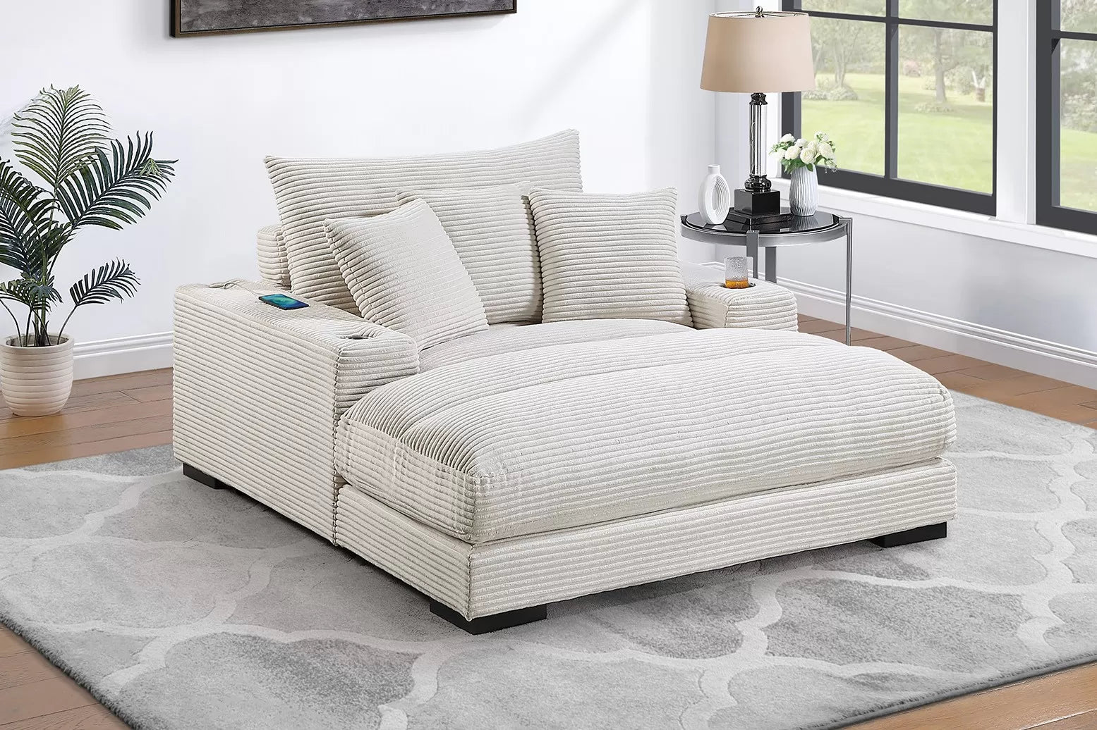Poundex F8338 Beige wide welt corduroy fabric wide chaise lounger with cup holders and USB ports