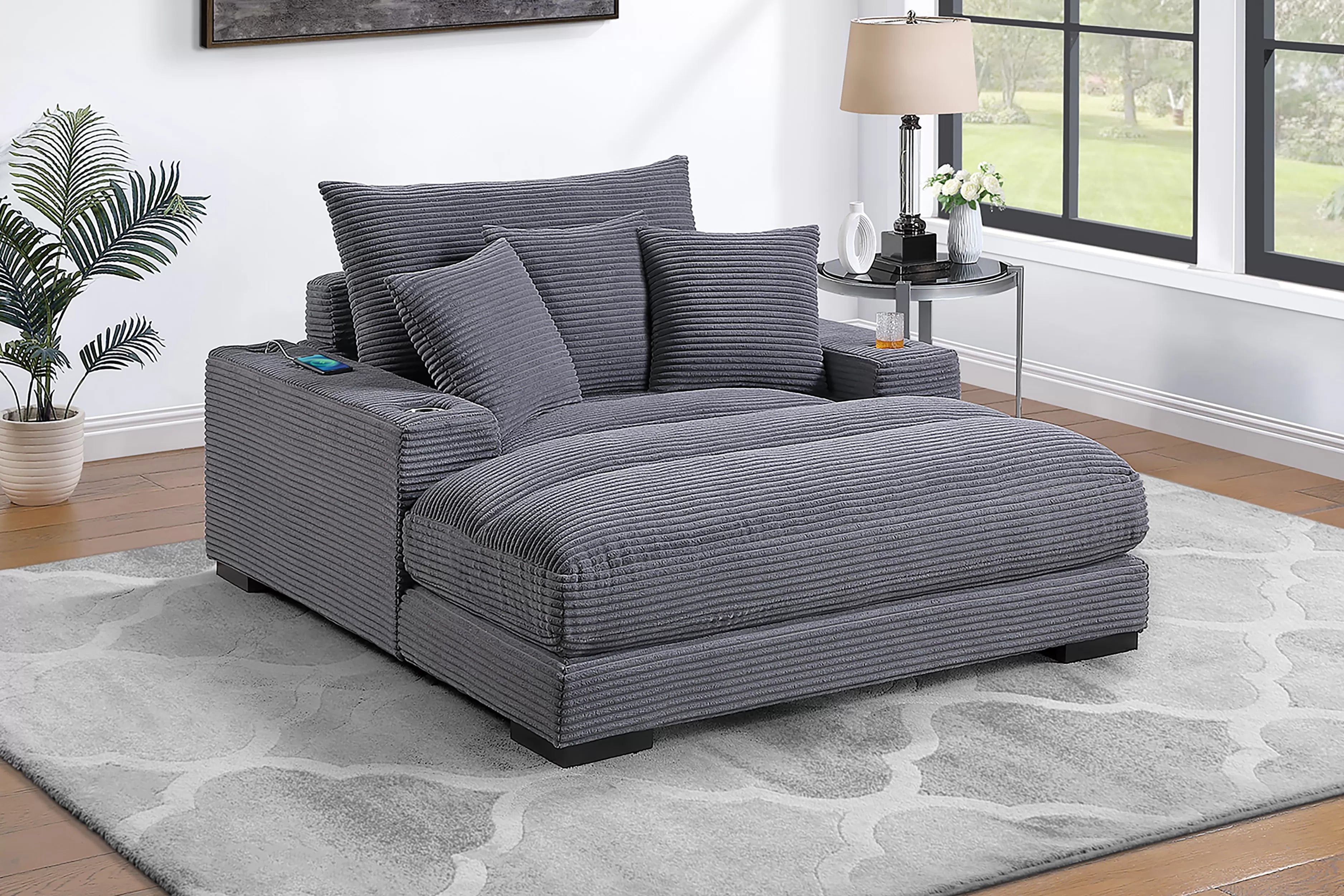 Poundex F8339 Grey wide welt corduroy fabric wide chaise lounger with cup holders and USB ports