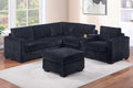 Poundex F8344 4 pc black corduroy fabric upholstered 104" reversible sectional sofa with console charging station and ottoman