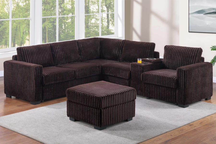 Poundex F8345 4 pc coffee corduroy fabric upholstered 104" reversible sectional sofa with console charging station and ottoman