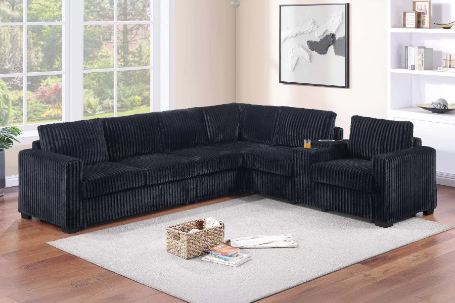 Poundex F8346 4 pc black corduroy fabric upholstered 119" reversible sectional sofa with console charging station and armless chair