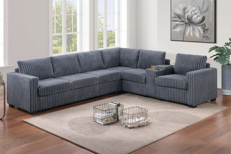 Poundex F8347 4 pc dark grey corduroy fabric upholstered 119" reversible sectional sofa with console charging station and armless chair