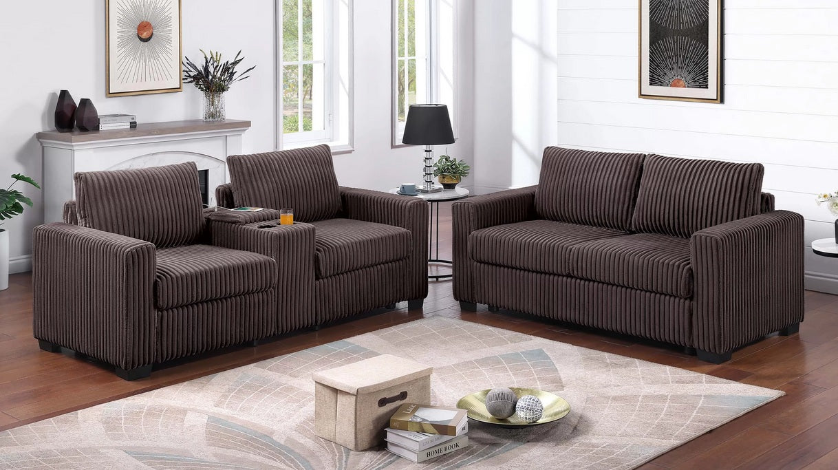 Poundex F8348 2 pc chocolate wide welt fur like corduroy sofa and love seat set with charging station cup holders and storage
