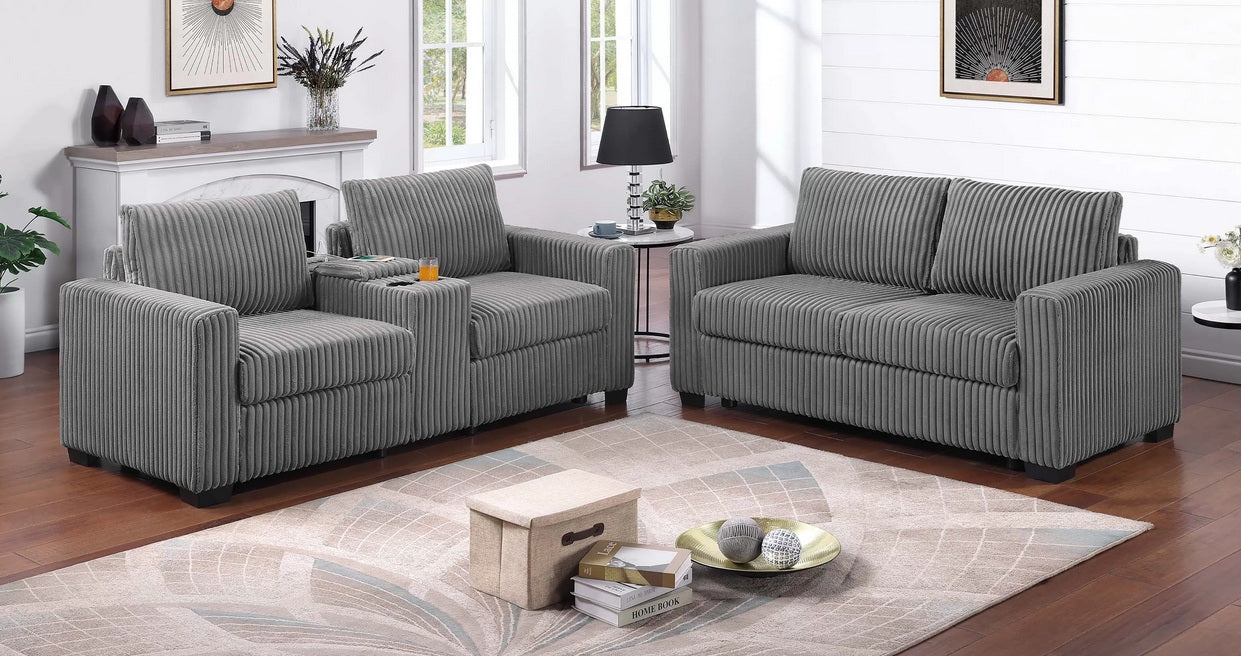 Poundex F8349 2 pc smoke grey wide welt fur like corduroy sofa and love seat set with charging station cup holders and storage