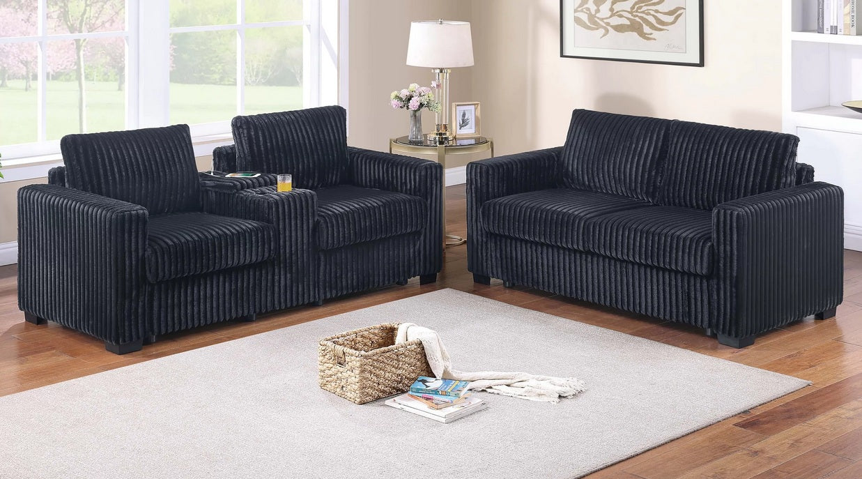 Poundex F8350 2 pc black wide welt fur like corduroy sofa and love seat set with charging station cup holders and storage
