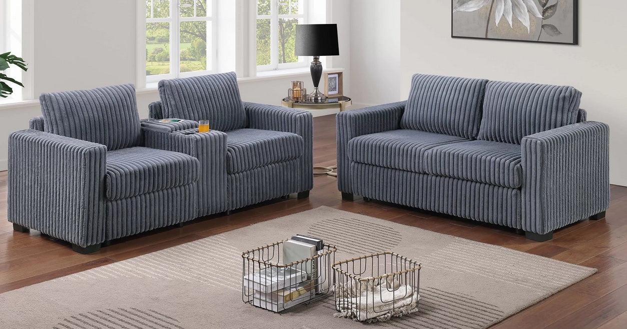 Poundex F8351 2 pc dark grey wide welt fur like corduroy sofa and love seat set with charging station cup holders and storage