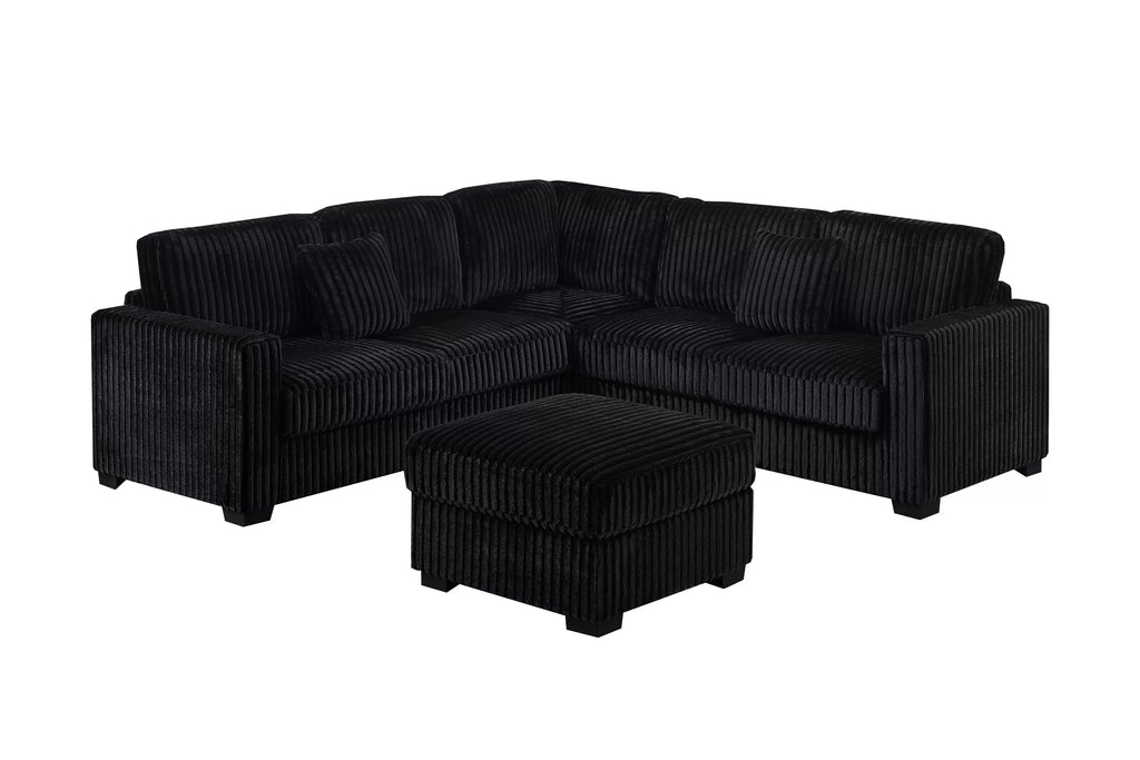 Poundex F8353 4 pc Black fur like jumbo corduroy fabric 99" sectional sofa with ottoman