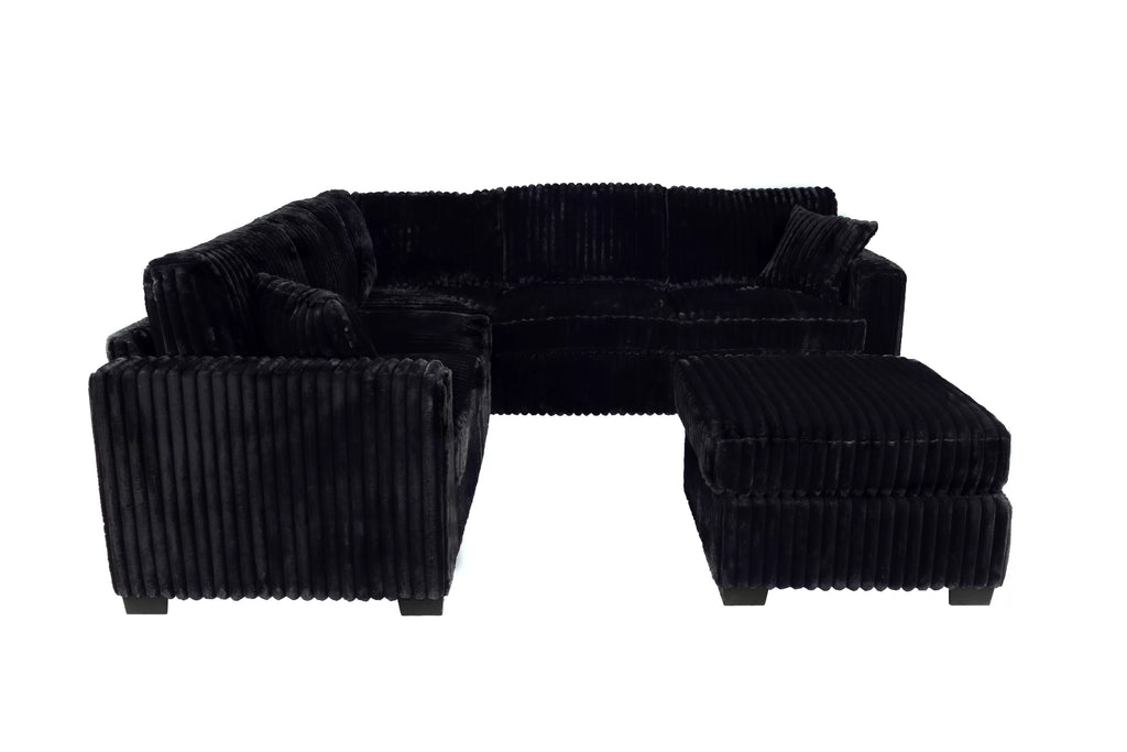 Poundex F8353 4 pc Black fur like jumbo corduroy fabric 99" sectional sofa with ottoman