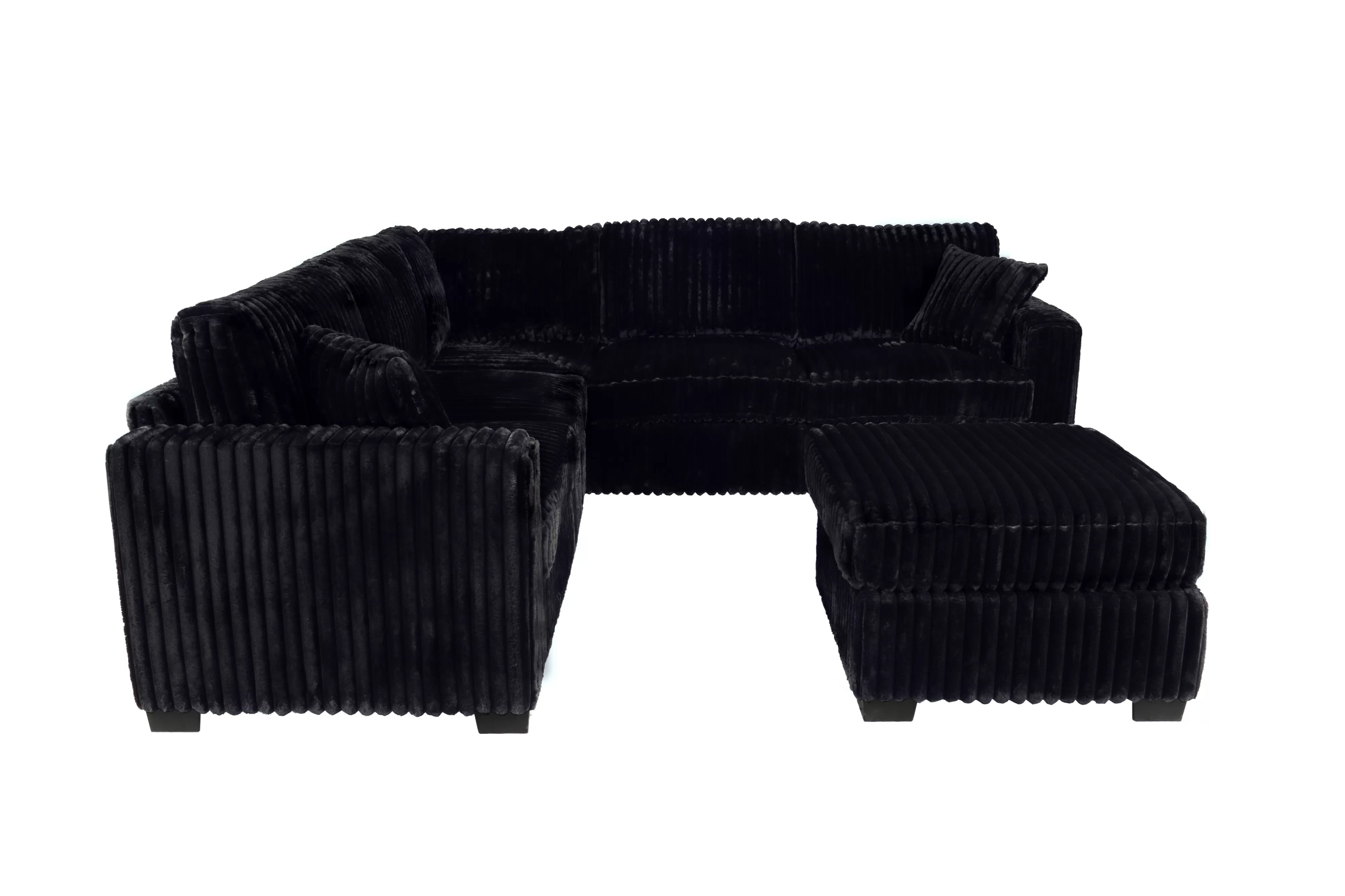 Poundex F8353 4 pc Black fur like jumbo corduroy fabric 99" sectional sofa with ottoman