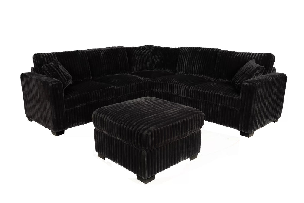 Poundex F8353 4 pc Black fur like jumbo corduroy fabric 99" sectional sofa with ottoman