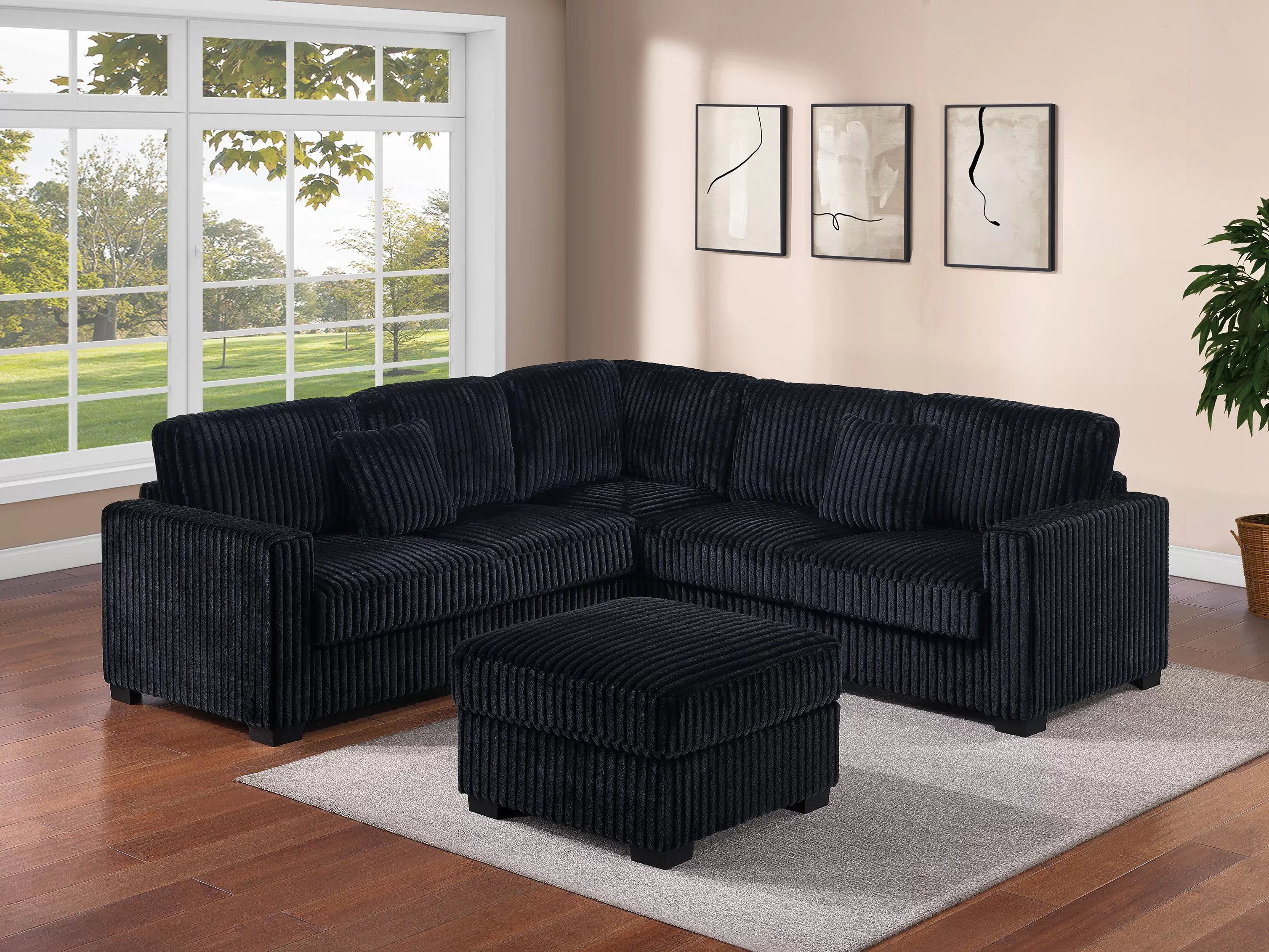 Poundex F8353 4 pc Black fur like jumbo corduroy fabric 99" sectional sofa with ottoman