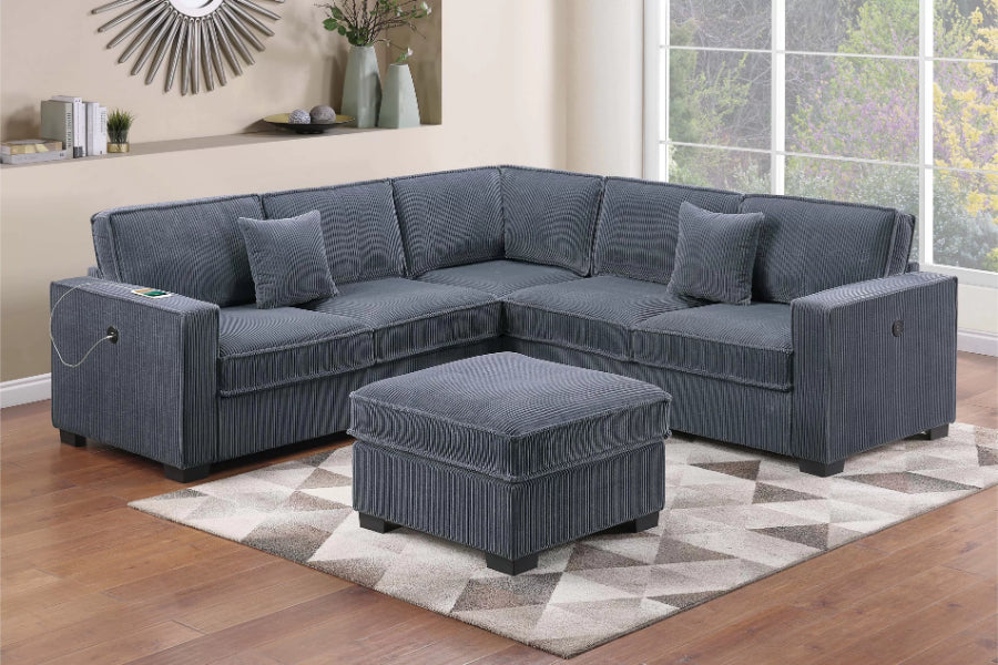 Poundex F8355 4 pc dark grey corduroy fabric upholstered sectional sofa with USB plugs and ottoman