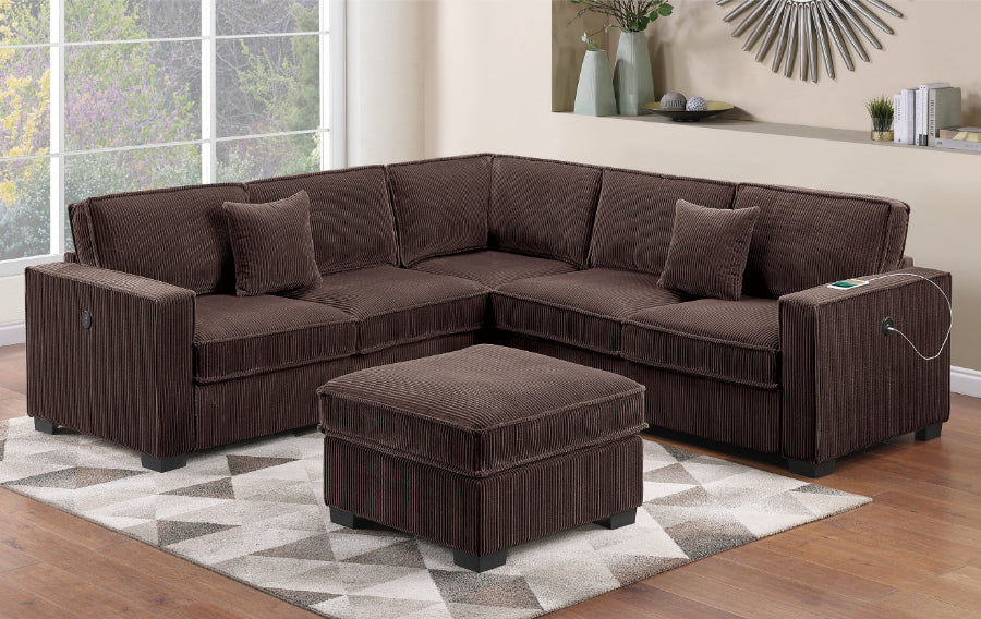 Poundex F8356 4 pc chocolate corduroy fabric upholstered sectional sofa with USB plugs and ottoman