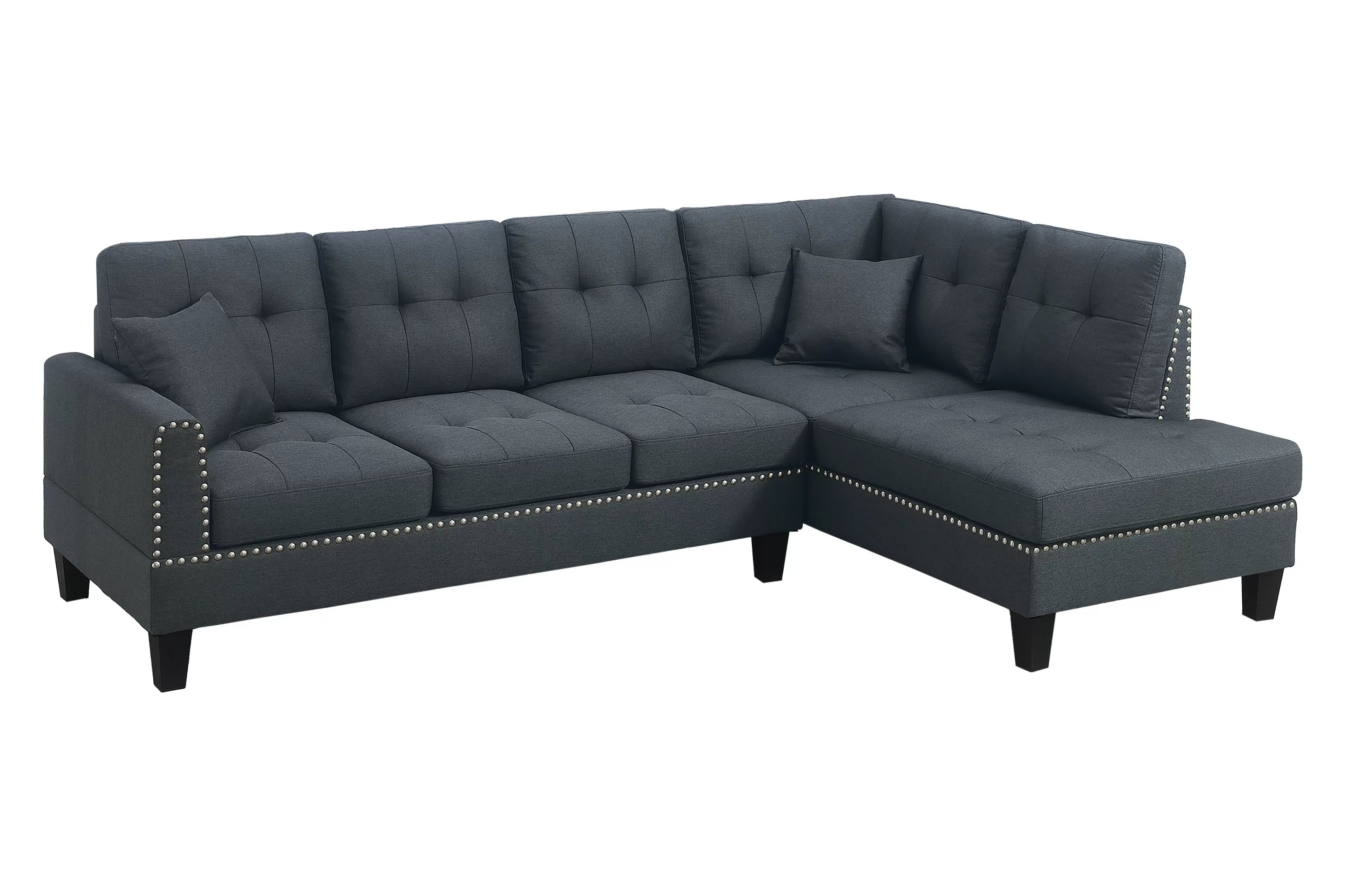 Poundex F8370 2 pc charcoal linen like fabric sectional sofa with chaise and nail head trim