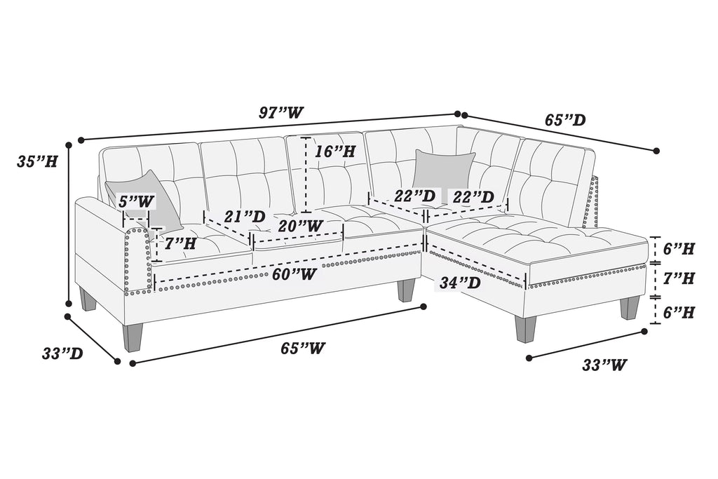 Poundex F8370 2 pc charcoal linen like fabric sectional sofa with chaise and nail head trim
