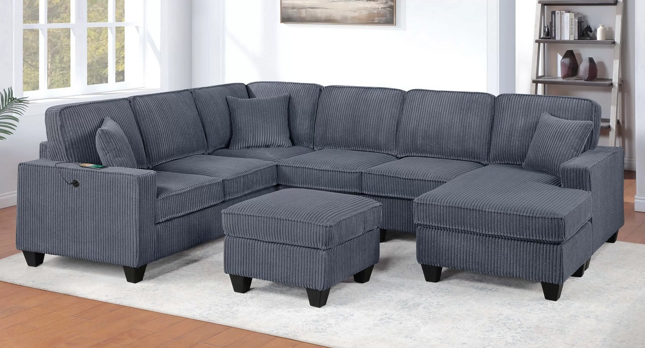 Poundex F8371 5 pc dark grey corduroy fabric upholstered sectional sofa with chaise and ottoman USB charging on arm
