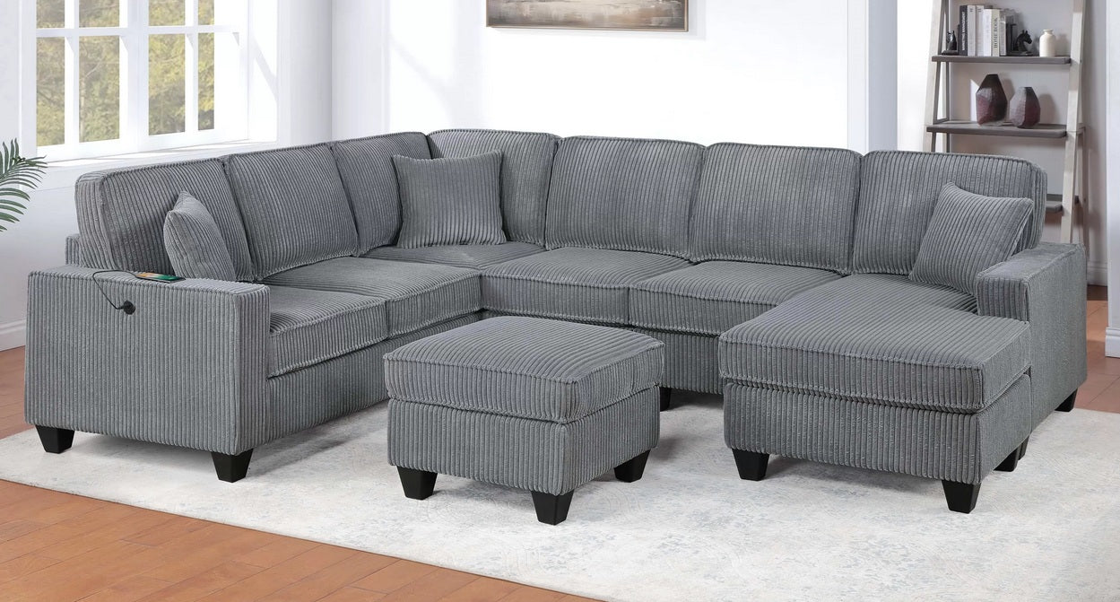 Poundex F8372 5 pc fog grey corduroy fabric upholstered sectional sofa with chaise and ottoman USB charging on arm