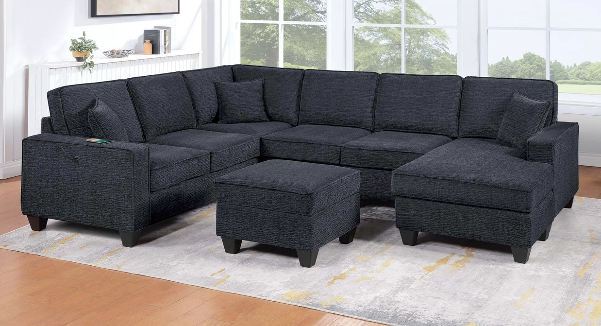 Poundex F8373 5 pc Slate black textured fabric upholstered sectional sofa with chaise and ottoman USB charging on arm