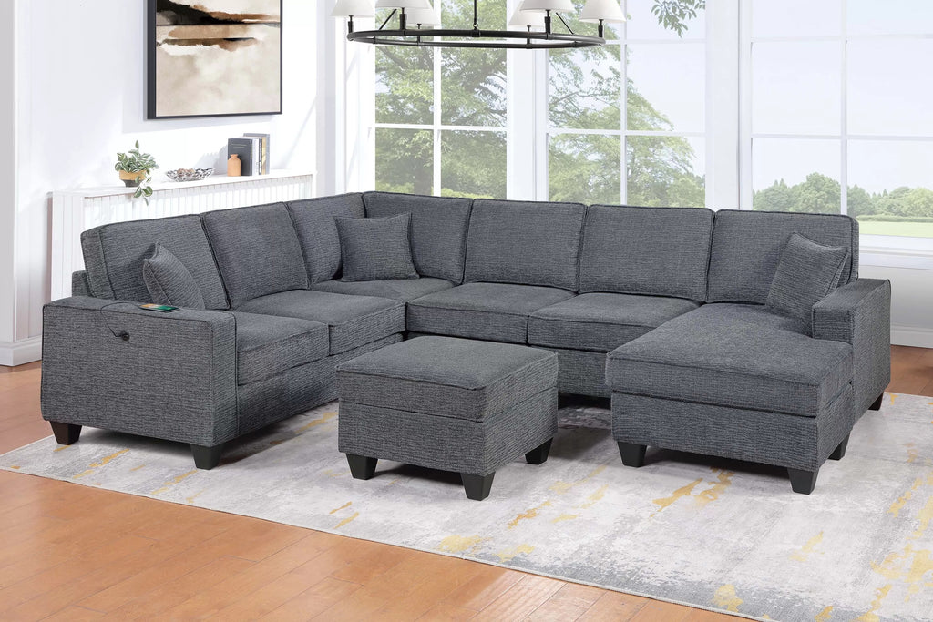 Poundex F8374 5 pc Slate grey textured fabric upholstered sectional sofa with chaise and ottoman USB charging on arm