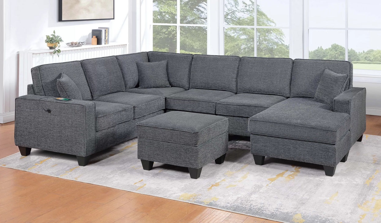 Poundex F8374 5 pc Slate grey textured fabric upholstered sectional sofa with chaise and ottoman USB charging on arm