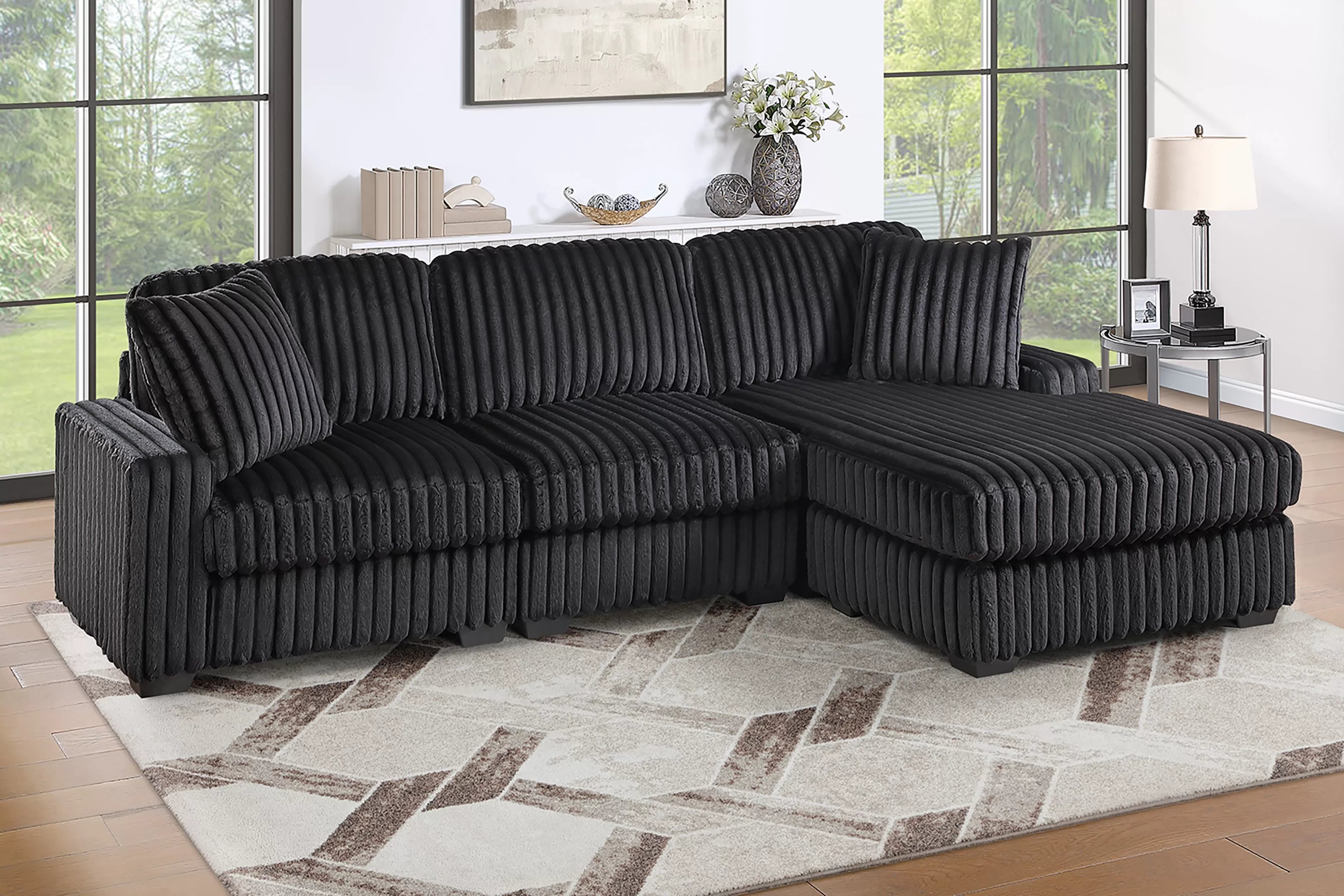 Poundex F8375 2 pc onyx black fur like corduroy fabric sectional sofa with reversible chaise