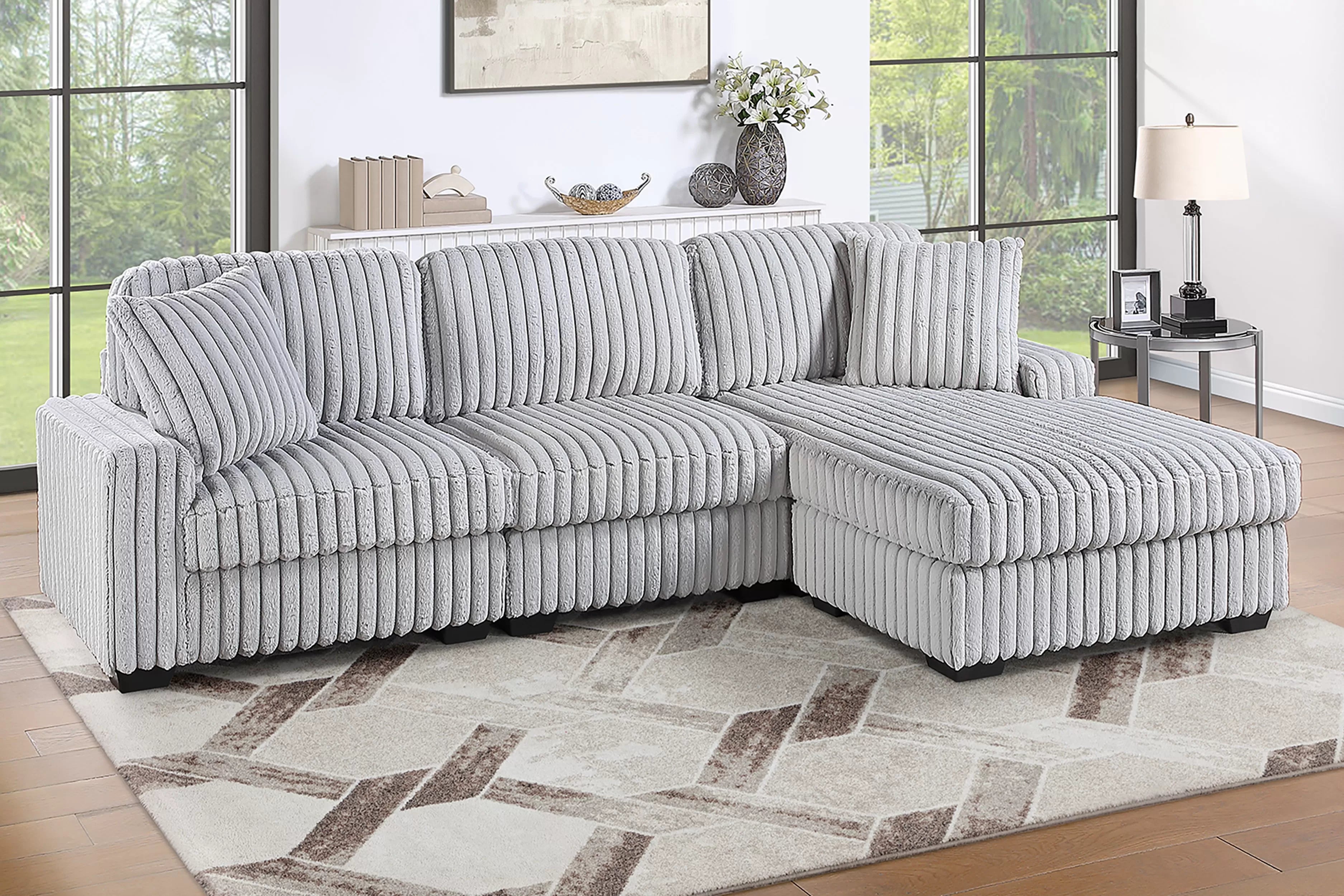 Poundex F8376 2 pc mink grey fur like corduroy fabric sectional sofa with reversible chaise