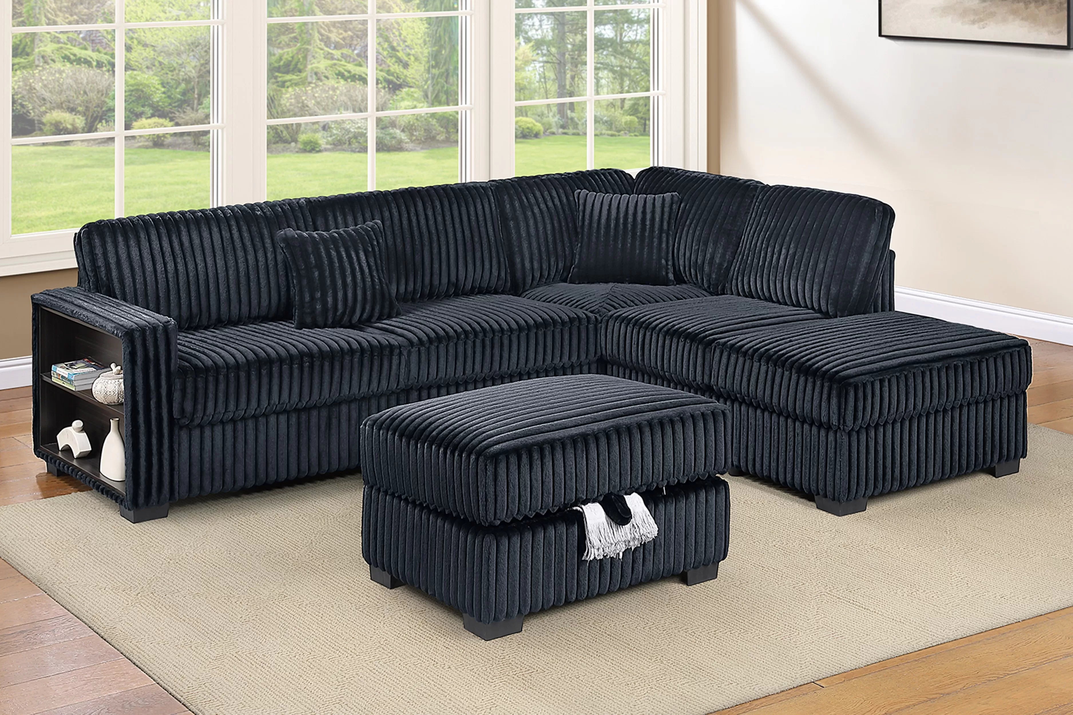 Poundex F8377 3 pc black fur like corduroy fabric sectional sofa with storage arm with reversible chaise and storage ottoman